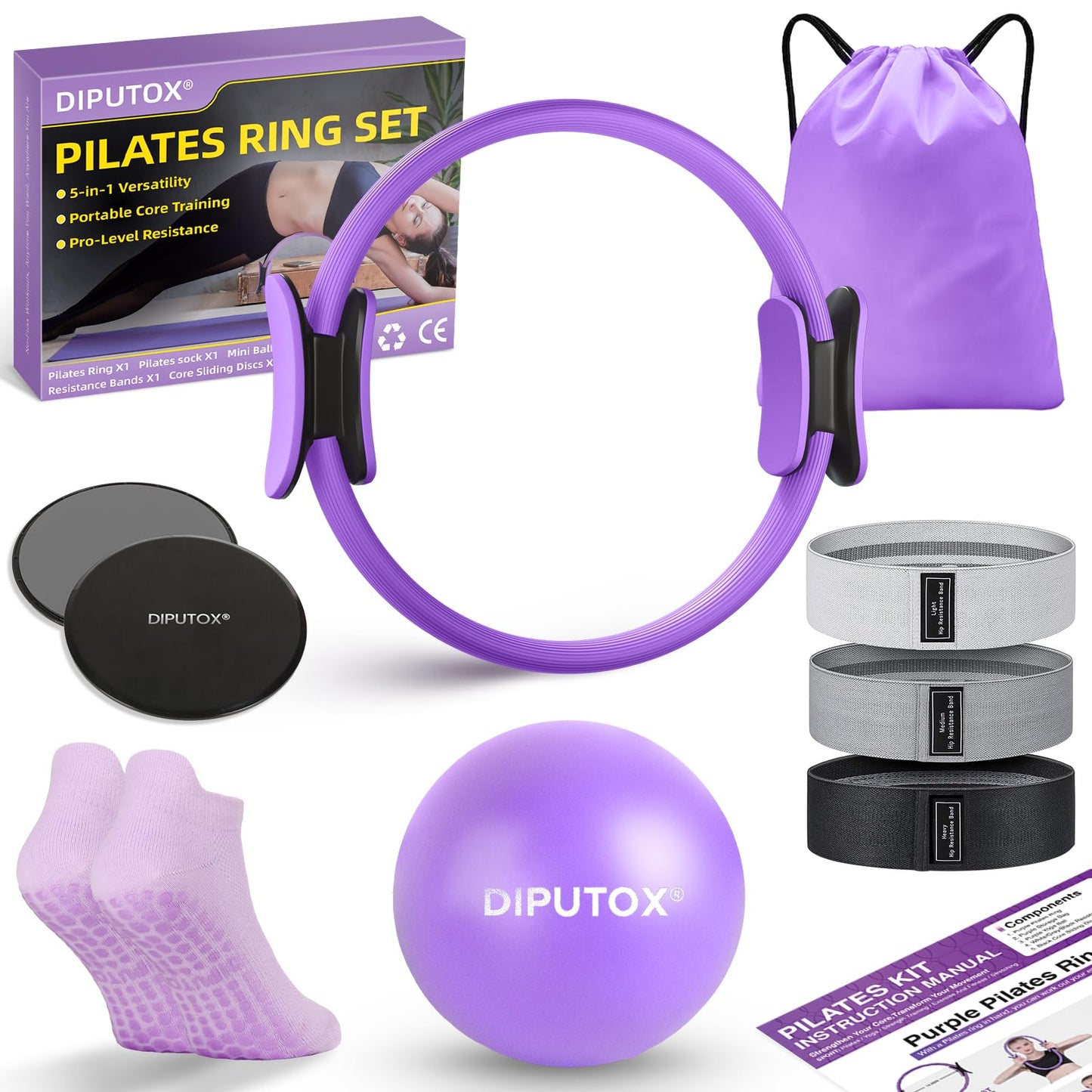 Pilates Ring Set – Pilates Kit for Home Workouts with Ball, Resistance Bands, Sliding Discs & Grip Socks, Portable Pilates Essentials Accessories for Women Beginners, 9 in 1 Pilates Equipment