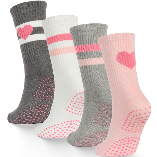 Pilates Socks with Grips for Women - Cute Non Slip Yoga Socks with Grippers on Bottom, Grippy & Non Skid Barre Hospital Slipper Sticky Socks for Workouts (4-Pack)