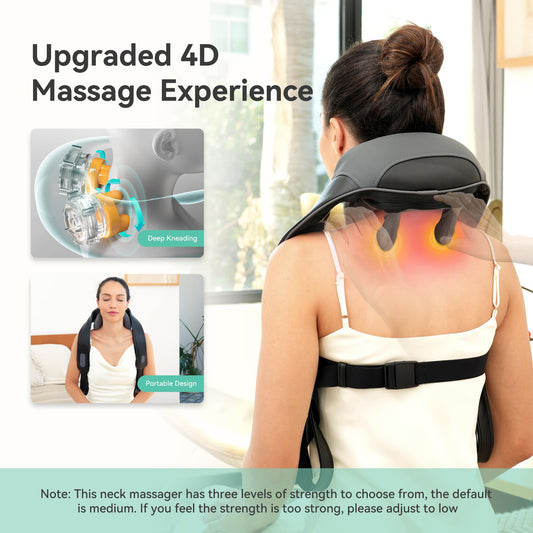 Cordless Neck Shoulder Massager with Soothing Heat, Upgarded 4D Deep Tissue Kneading