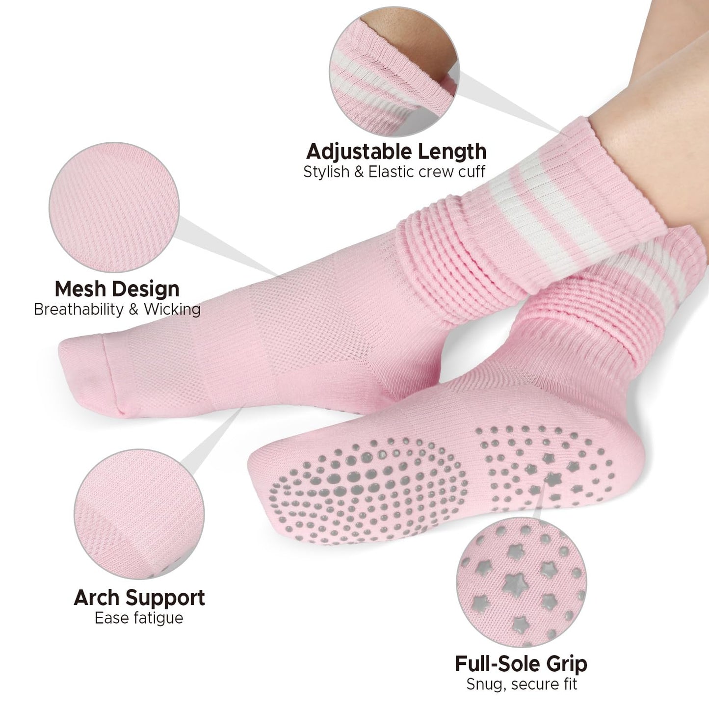 Pilates Socks with Grips for Women, Crew Slouch Slouchy Yoga for Barre Workout Hospital Long Scrunch Slipper Socks