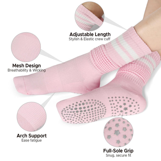 Pilates Socks with Grips for Women, Crew Slouch Slouchy Yoga for Barre Workout Hospital Long Scrunch Slipper Socks