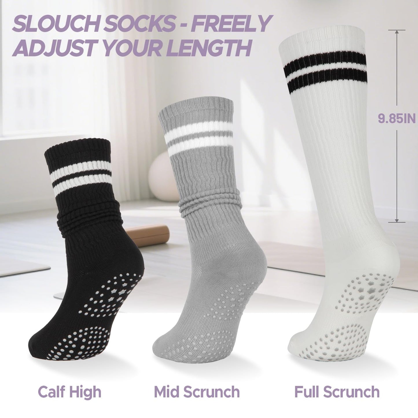 Pilates Socks with Grips for Women, Crew Slouch Slouchy Yoga for Barre Workout Hospital Long Scrunch Slipper Socks