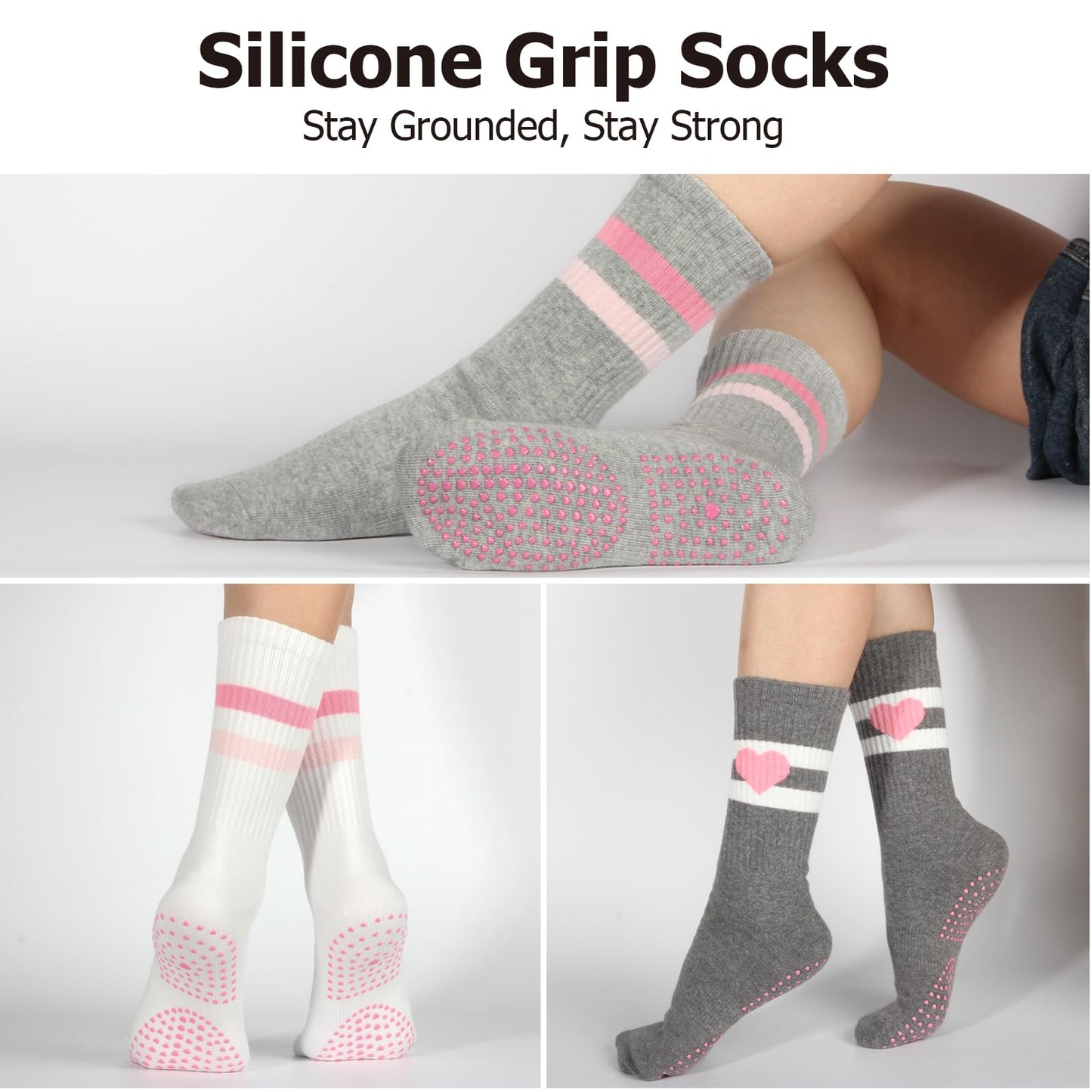 Pilates Socks with Grips for Women - Cute Non Slip Yoga Socks with Grippers on Bottom, Grippy & Non Skid Barre Hospital Slipper Sticky Socks for Workouts (4-Pack)