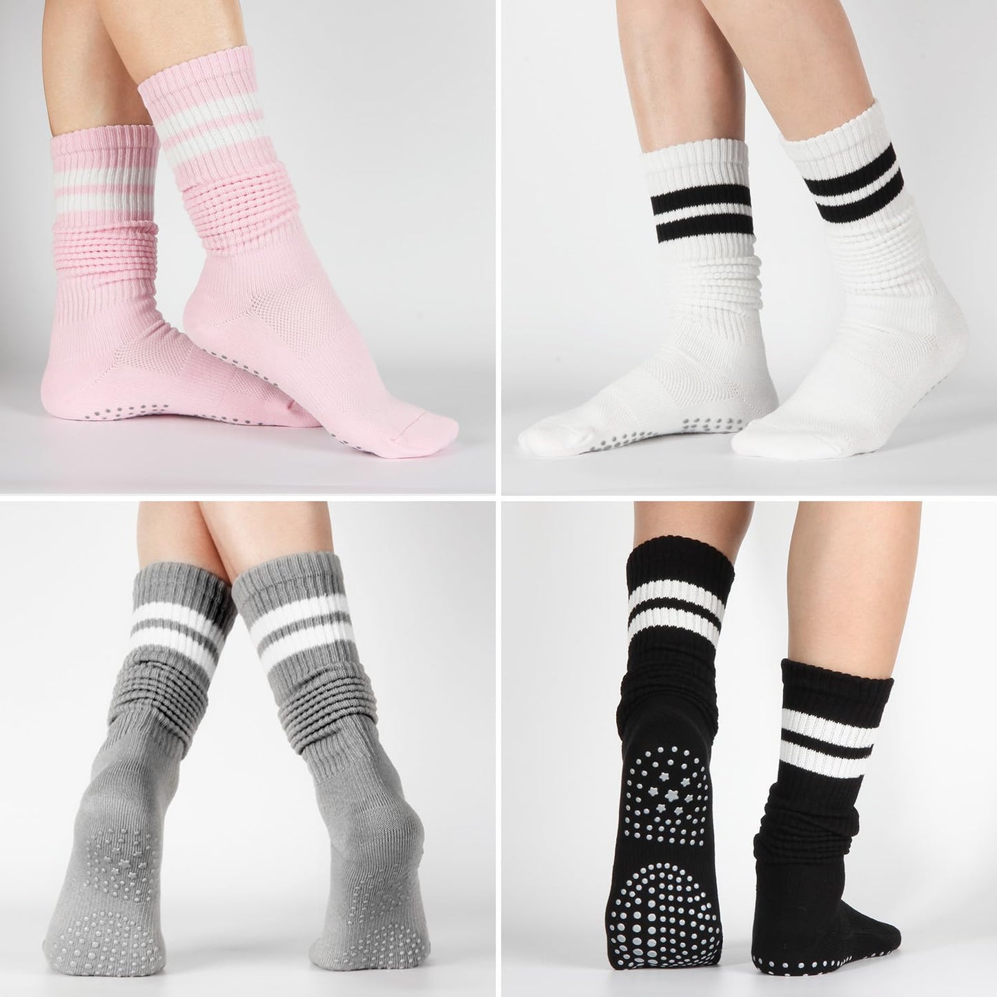 Pilates Socks with Grips for Women, Crew Slouch Slouchy Yoga for Barre Workout Hospital Long Scrunch Slipper Socks
