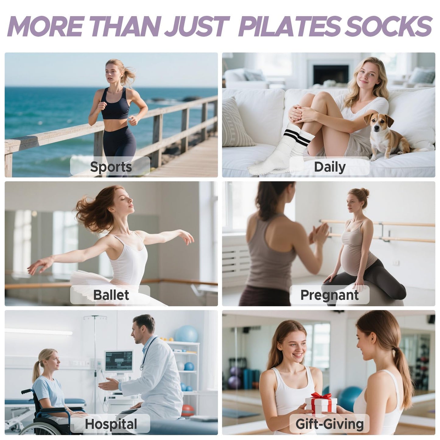 Pilates Socks with Grips for Women, Crew Slouch Slouchy Yoga for Barre Workout Hospital Long Scrunch Slipper Socks