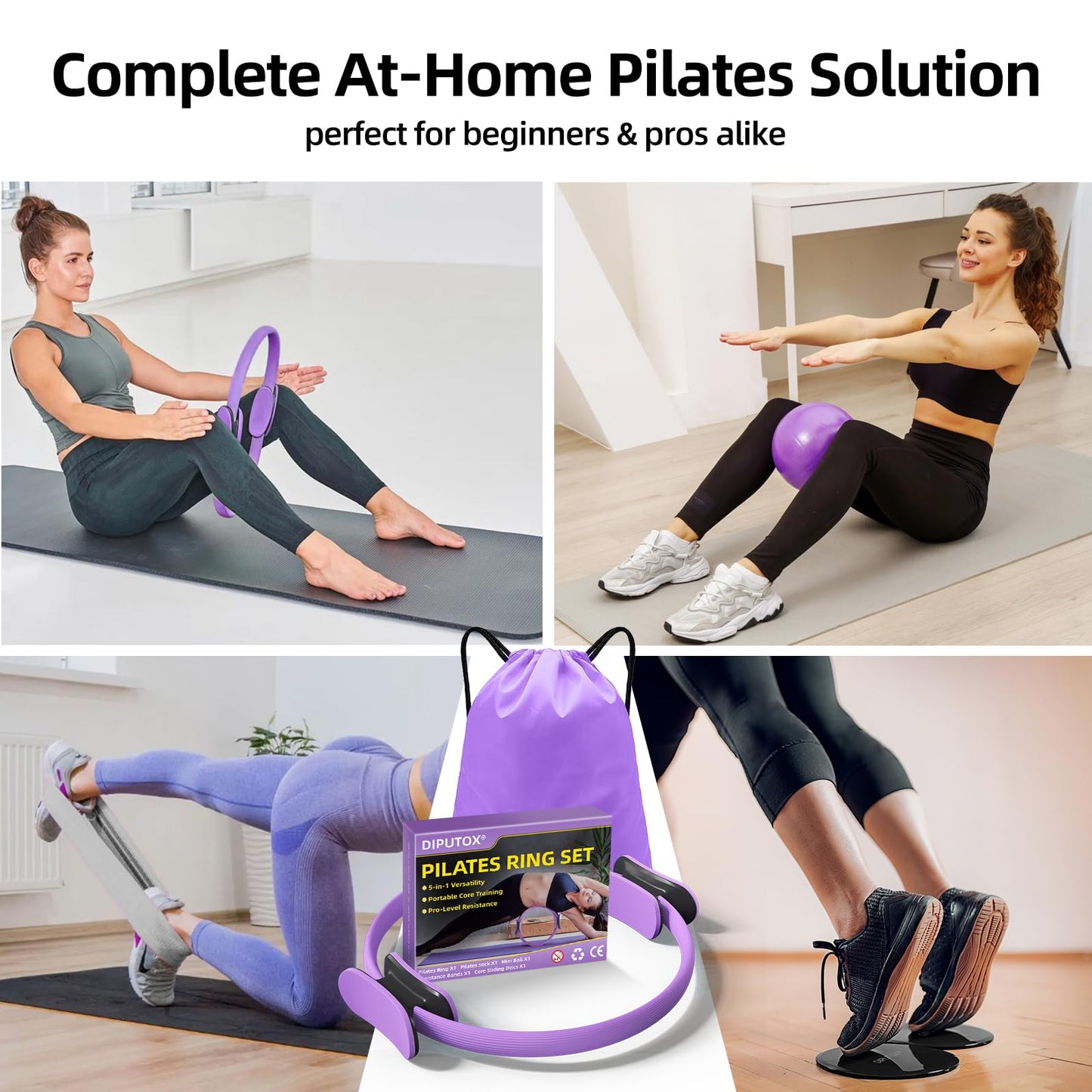 Pilates Ring Set – Pilates Kit for Home Workouts with Ball, Resistance Bands, Sliding Discs & Grip Socks, Portable Pilates Essentials Accessories for Women Beginners, 9 in 1 Pilates Equipment
