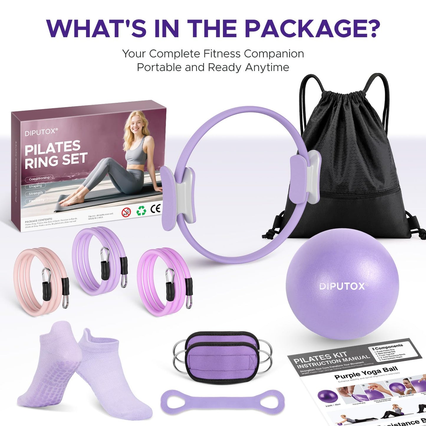 Pilates Ring Kit for Women, Pilates Equipment Accessories, Home Workout Set with Magic Circle, Mini Exercise Ball, Ankle Resistance Bands & Yoga Socks, for Fitness, Toning & Better Me Gifts