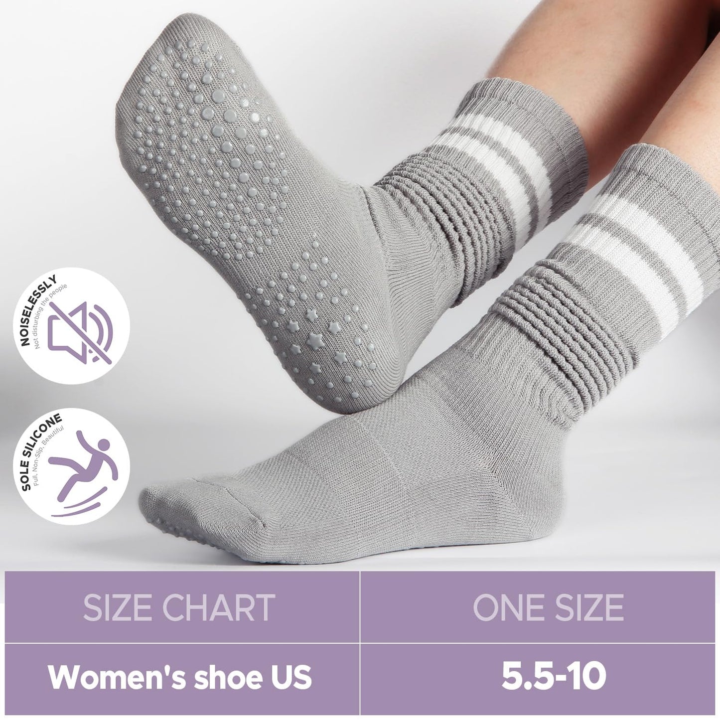 Pilates Socks with Grips for Women, Crew Slouch Slouchy Yoga for Barre Workout Hospital Long Scrunch Slipper Socks
