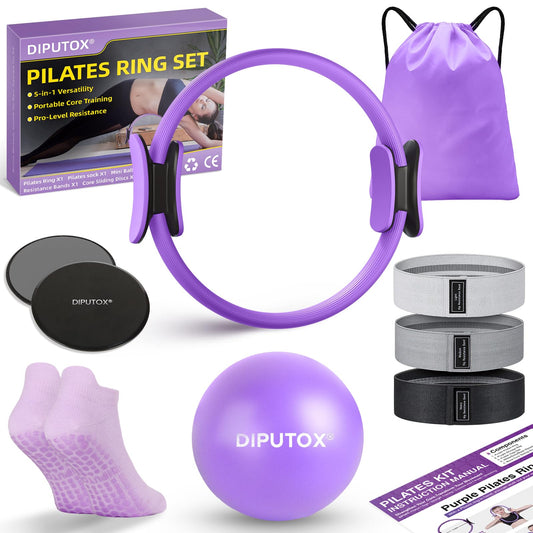 Pilates Ring Set – Pilates Kit for Home Workouts with Ball, Resistance Bands, Sliding Discs & Grip Socks, Portable Pilates Essentials Accessories for Women Beginners, 9 in 1 Pilates Equipment