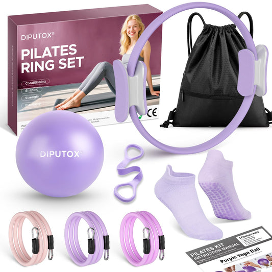 Pilates Ring Kit for Women, Pilates Equipment Accessories, Home Workout Set with Magic Circle, Mini Exercise Ball, Ankle Resistance Bands & Yoga Socks, for Fitness, Toning & Better Me Gifts