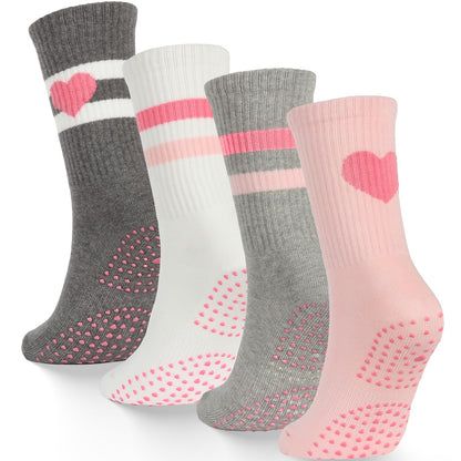 Pilates Socks with Grips for Women - Cute Non Slip Yoga Socks with Grippers on Bottom, Grippy & Non Skid Barre Hospital Slipper Sticky Socks for Workouts (4-Pack)