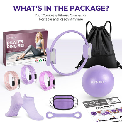 Pilates Ring Kit for Women, Pilates Equipment Accessories, Home Workout Set with Magic Circle, Mini Exercise Ball, Ankle Resistance Bands & Yoga Socks, for Fitness, Toning & Better Me Gifts