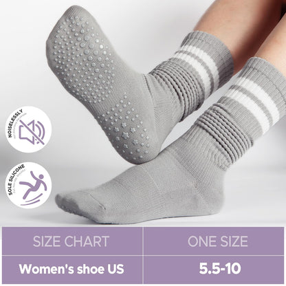 Pilates Socks with Grips for Women, Crew Slouch Slouchy Yoga for Barre Workout Hospital Long Scrunch Slipper Socks